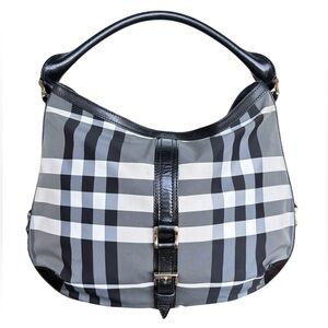 Burberry Nova Check Shoulder Bag Gray Black Nylon Leather Trim Hobo